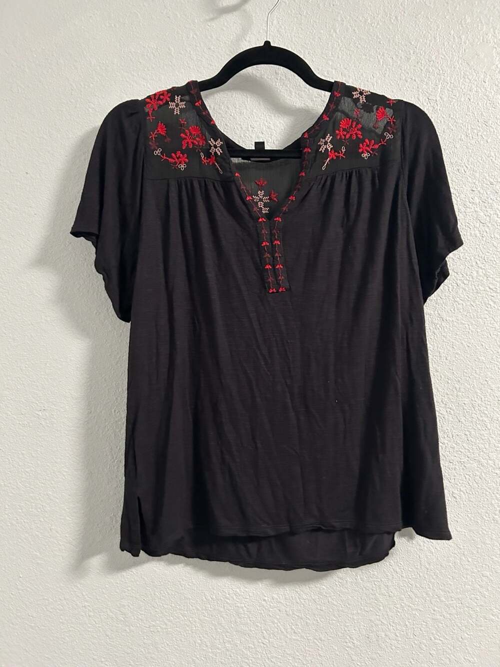 Lucky Brand Black Embroidered Yoke Short Sleeve Peasant Blouse Size S